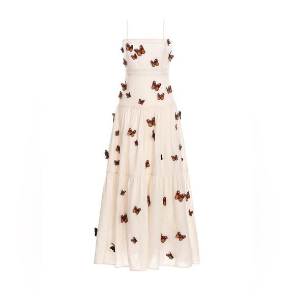 Agua By Agua Bendita Lima Embroidered Butterfly Linen Maxi Dress Size Small - Picture 3 of 16